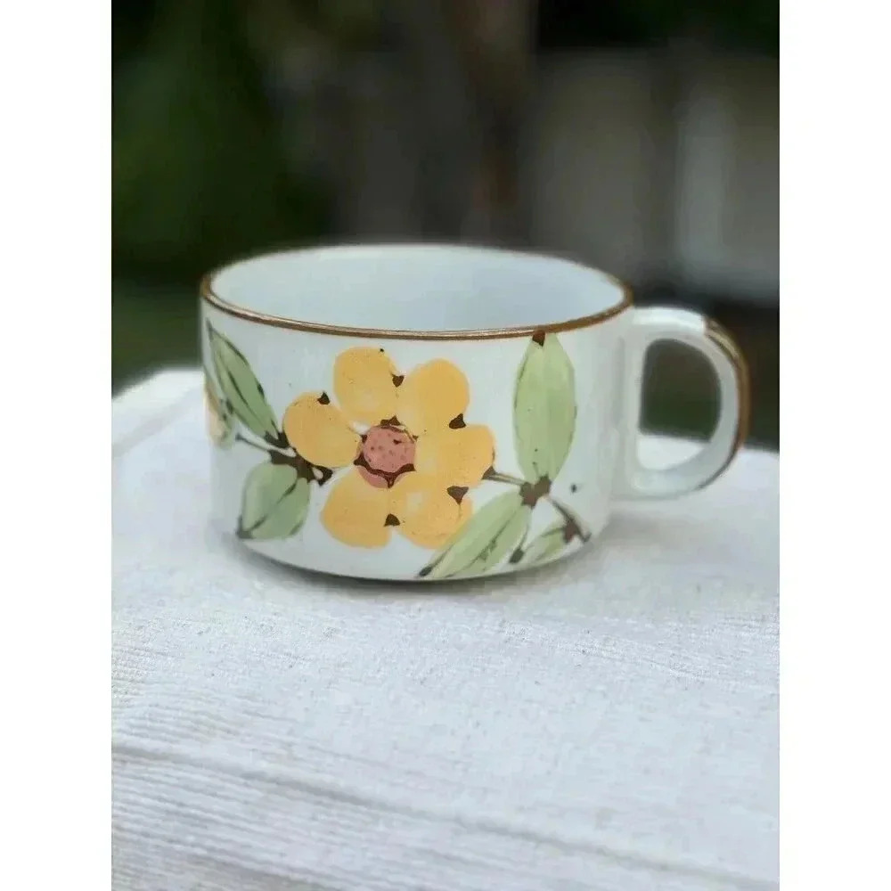 Vintage Stoneware Speckled Soup Mug Coffee Orange Yellow Flower Large 12oz EUC